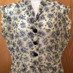 Vintage 1940s 1950s Sheer Floral Blue White Dress Rayon Size 12-14